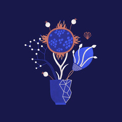 Wall Mural - Cosmic bouquet of mysterious witch night flowers. Floral design with magic plants in blue and brown colors. Hand drawn style. Cover, card, print on clothes, poster. Vector illustration