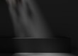© Andre - Double black podium on white background. Minimal pedestal cosmetic backdrop for product presentation. Leaf shadow backdrop. 3d rendering