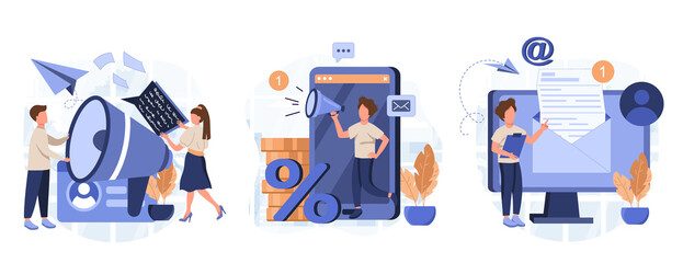 Wall Mural - Social media promotion scenes. Characters using big loudspeaker to communicate with audience, sending advertising emails, offering sale and discount. Flat cartoon vector illustration and icons set.
