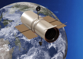 Wall Mural - space telescope hubble near the earth planet of solar system in outer space. 3d rendered illustratio