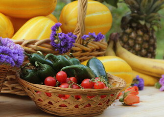 Wall Mural - Fresh Fruit and Vegetables for Sale at Farmers Market Melons, Pineapple, Eggplants