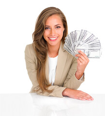 Poster - The currency of success. Studio shot of an attractive young businesswoman holding a large sum of money.