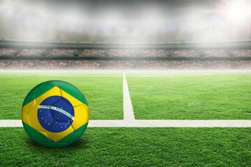 Wall Mural - Football With Flag of Brazil in Soccer Stadium With Copy Space