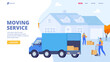 © Karina - Delivery men moving boxes to a new house. Moving service, delivery service, relocation concept. Courier Flat vector illustration. Web site, landing page, banner, hero image.