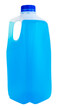 Plastic milk container with blue cap filled with blue liquid.