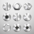 Set of screws head Icons, steel bolts, nuts, nails and rivets top view. Vector illustration