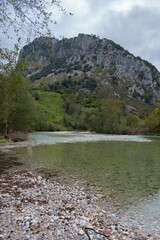 Wall Mural - River in Picos de Europa national park on a cloudy day, Spain