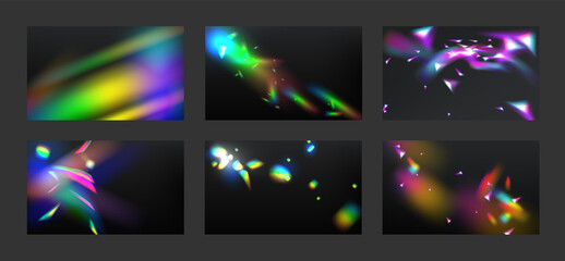 Wall Mural - Rainbow streaks and flare, reflection light from crystal, glass or gem. Vector realistic illustration set of refraction and light leak effects, bright spectrum sparks from lens