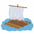 wooden raft with sail, color isolated vector illustration in cartoon style