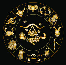 Circle Flower Of Astrology Design.horoscope Circle With Signs Of Zodiac Set Vector.signs Such As A Aries, Taurus, Gemini, Cancer, Leo, Virgo, Libra, Scorpio, Sagittarius, Capricorn,aquarius, Pisces.