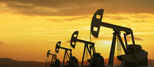 Oil Pump Jack In A Row Drilling, Sunset Sky Background. Oil And Natural Gas Industry. 3d Render