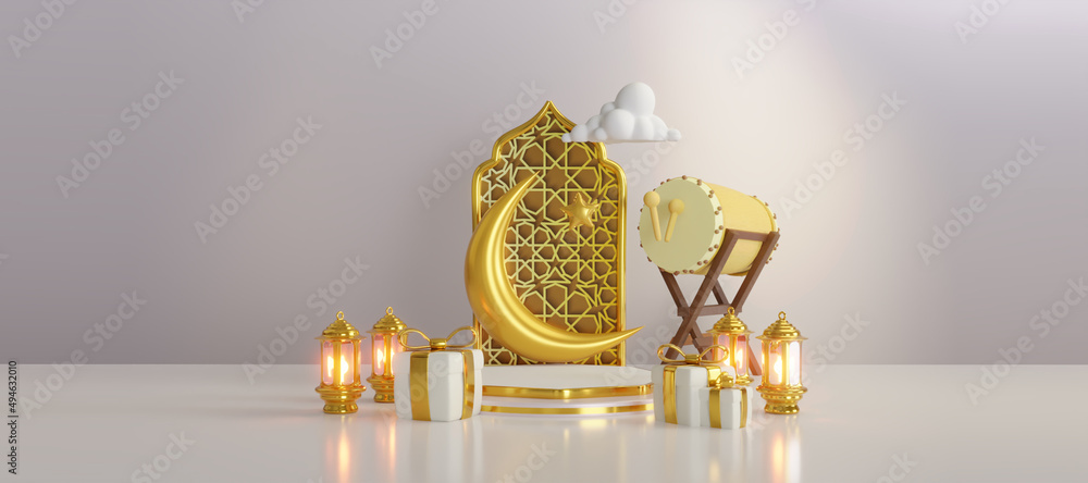 3d minimal podium display with crescent moon. ramadan kareem background ...