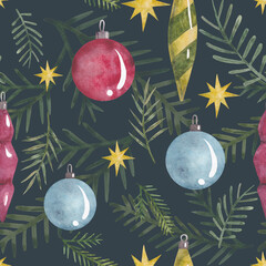 Watercolor seamless pattern of red and blue Christmas toys, Christmas tree branches with yellow stars on a dark background