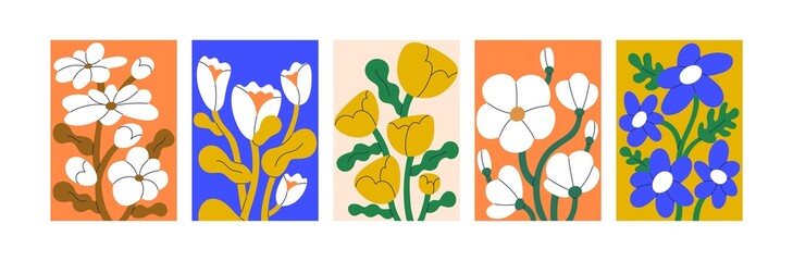 Fototapete - Contemporary wall art with abstract matisse-inspired flowers. Trendy floral interior poster, picture set. Modern botanical artworks, paintings for decoration. Colored flat graphic vector illustrations