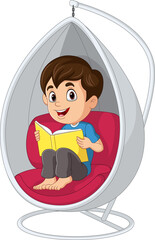 Poster - Little boy reading a book in hanging chair