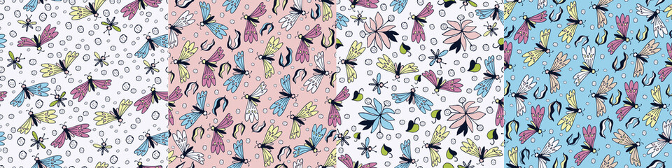  Modern floral pattern, large flowers and butterflies, polka dot pattern, small spots. Seamless pattern set. Modern design for paper, cover, fabric, decor, print. Design for paper, cover, fabric, decor