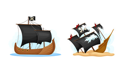 Wall Mural - pirate ships with black sails and flag set. vintage vessels sinking in ocean or sea cartoon vector i
