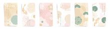 Golden Week Spring Sale Stories Banners Fashion Template Set. Japanese Design For Stories, Promo Posts. Design With Wavy Patterns, Tradition Style Shapes, Elements In Pink, Beige, Green Colors Set.