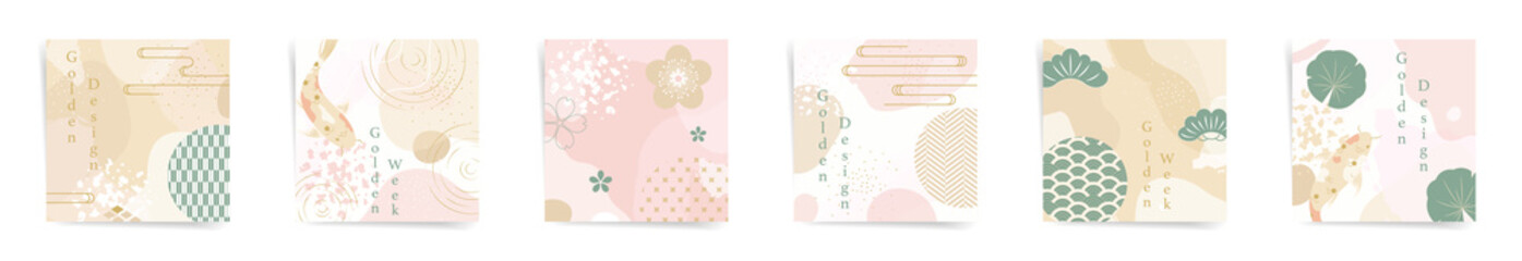 Wall Mural - Golden week spring sale square post banners fashion template set. Japanese design sale promo posts. Design with wavy patterns, tradition style shapes, elements in pink, beige, green colors set.