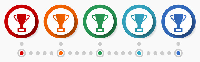 Aufkleber - Cup, trophy, winner concept vector icon set, flat design colorful buttons, infographic template in 5 color option