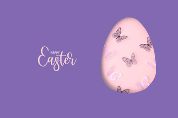 Wall Mural - Happy Easter text with Easter egg cut out of paper and butterflies. Creative Easter holiday greeting card on very peri color background.