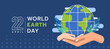 world earth day - an adult's hand and a child's hand are holding the earth and leaves on blue background vector design