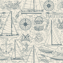 Sailboat And Yachting Elements  Collage With Nautical Map Background Marine Vector Seamless Pattern