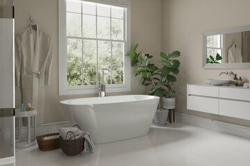 Modern bathroom interior with wooden decor in eco style. 3D Render	