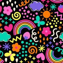 Cute Colorful Hand Drawn Rainbow, Flower And Natural Elements Seamless Pattern Background.