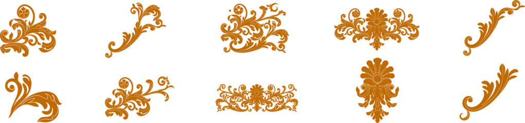 Set of golden vintage baroque ornament, corner. Retro pattern antique style acanthus. Decorative design element filigree calligraphy vector