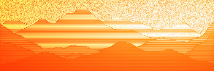 Wall Mural - Sunrise in the mountains, panoramic view, vector illustration. Fantasy on the theme of the morning landscape.