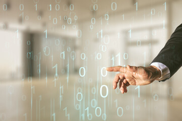 Wall Mural - man hand clicks on abstract virtual binary code hologram on blurred office background, ai and machin