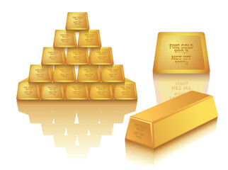 Realistic 3D rendering illustration of gold 

bars stacked in the shape of pyramid as a 

business financial banking isolated on white 

background.
