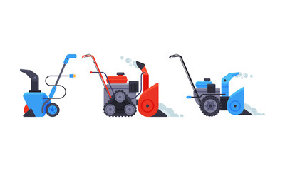 Snowblowers set. Snow removal equipment vector illustration