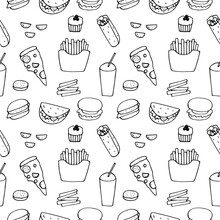 Fast Food Seamless Pattern Vector Illustration, Hand Drawing Doodles