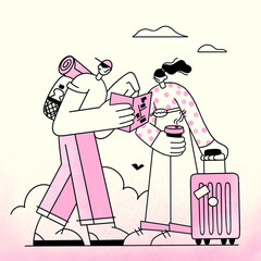 illustration for website banner or presentation slide. two characters with suitcases are looking for