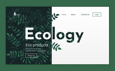 Landing page template with green trendy exotic leaves and creepers on dark blue background. Ecological botanical design vector illustration concept for website development. 