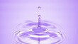 Macro shot of water drop falls down on purple transparent fluid surface creating water rings on it on purple background | Abstract skin moisturizing cosmetics formulation concept