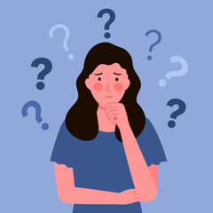 Pensive woman with question mark in flat design. Thoughtful girl being confused.