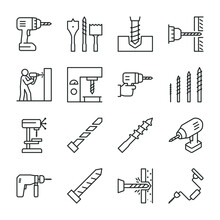 Drill Icons Set. Drills And Drill Bits, Perforator, Icon Collection. Application Of The Tool. Drilling Walls And Objects. Line With Editable Stroke