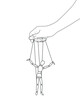 Marionette string puppet manitpulation. Thread control puppeteer hand manipulate wooden figure vector illustration. Graphic stock simple line image