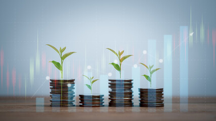 Coin bar chart for finance and business, finance, banking, money saving, tree growing on coin, business concept.