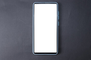 The phone is isolated on a black background. A smartphone with a white screen