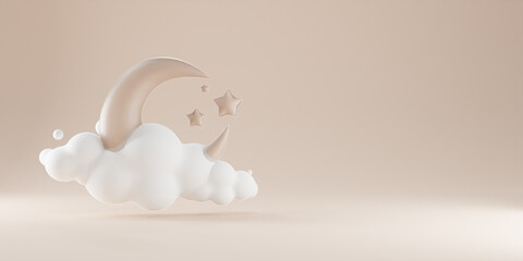 Canvas Print - 3d modern Islamic holiday banner in brown monotone design  with Ramadan crescent moon, star, and clouds.