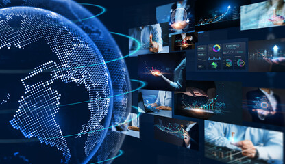 Economic business growth on global business network. Social networking service.  Digital marketing and data analysis of financial.
