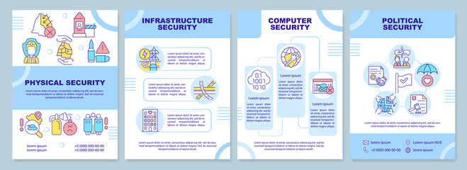 National security components blue brochure template. Homeland safety. Leaflet design with linear icons. 4 vector layouts for presentation, annual reports. Arial-Black, Myriad Pro-Regular fonts used
