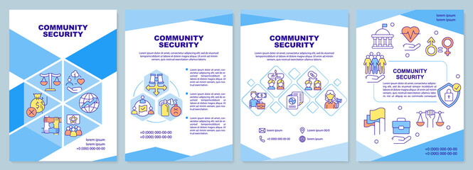 Community security blue brochure template. Ethnic group. Leaflet design with linear icons. 4 vector layouts for presentation, annual reports. Arial-Black, Myriad Pro-Regular fonts used