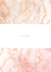 Wall Mural - Luxury elegant background. Pink marble texture with gold veins and copy space with shiny borders. Modern premium template in pastel colors for invitation, card or notebook cover