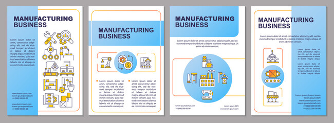 Manufacturing business blue brochure template. Production of goods. Leaflet design with linear icons. 4 vector layouts for presentation, annual reports. Arial, Myriad Pro-Regular fonts used