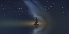 Horizontal Vector Background With Sailing Boat At Night In The Ocean And Stars
